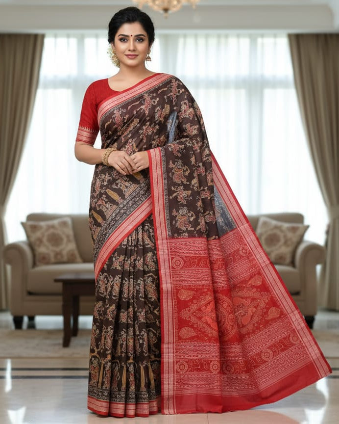 Black Red Dancer Design Odisha Handloom Sambalpuri Cotton Saree