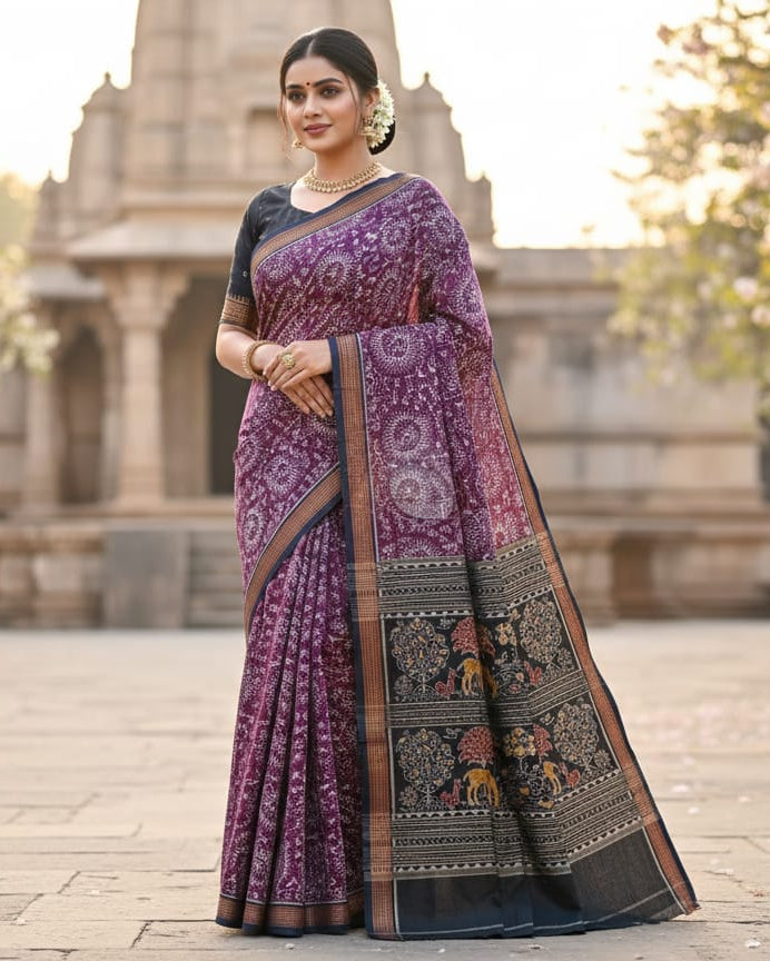 Purple Black Round Tribal Design Odisha Handloom Sambalpuri Cotton Saree