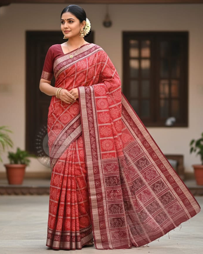 Red Maroon 5 Kothi Design Odisha Handloom Sambalpuri Cotton Saree