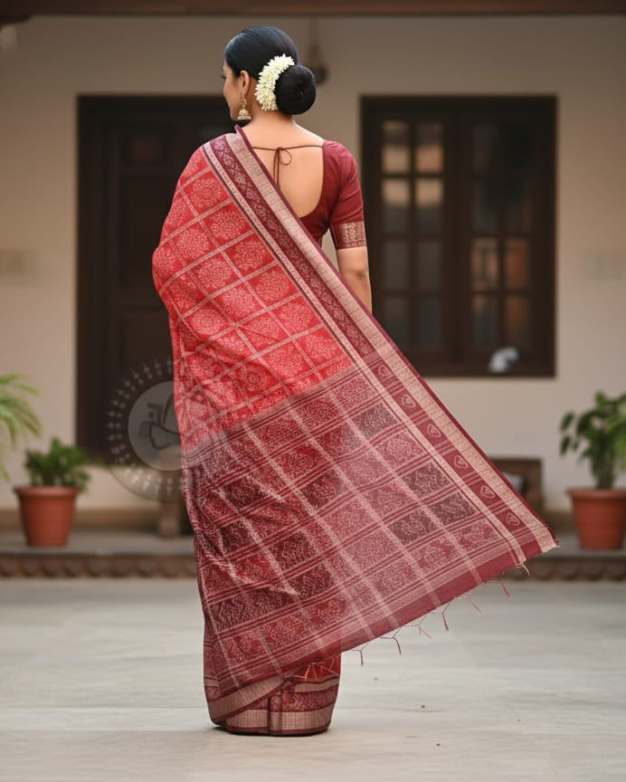 Red Maroon 5 Kothi Design Odisha Handloom Sambalpuri Cotton Saree