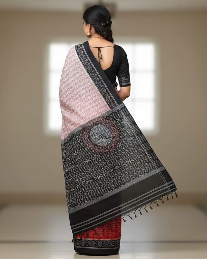 Red Off White Half Half design Odisha Handloom Sambalpuri Cotton Saree