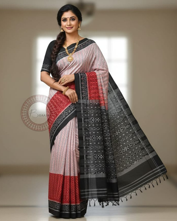 Red Off White Half Half design Odisha Handloom Sambalpuri Cotton Saree