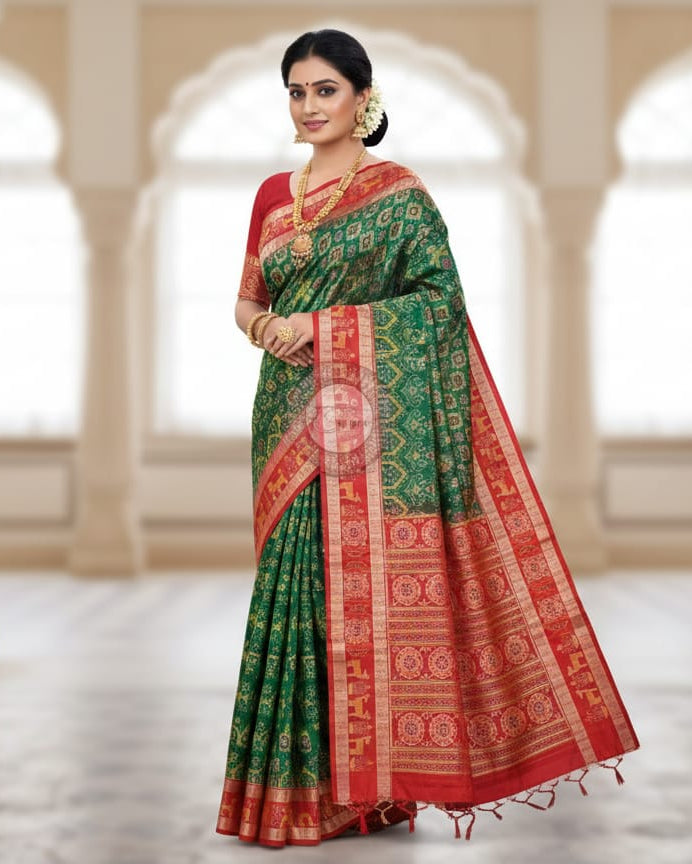 Green Red Tribal design Odisha Handloom Sambalpuri Cotton Saree