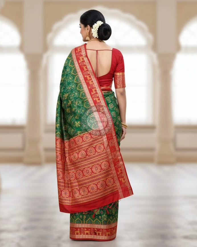 Green Red Tribal design Odisha Handloom Sambalpuri Cotton Saree