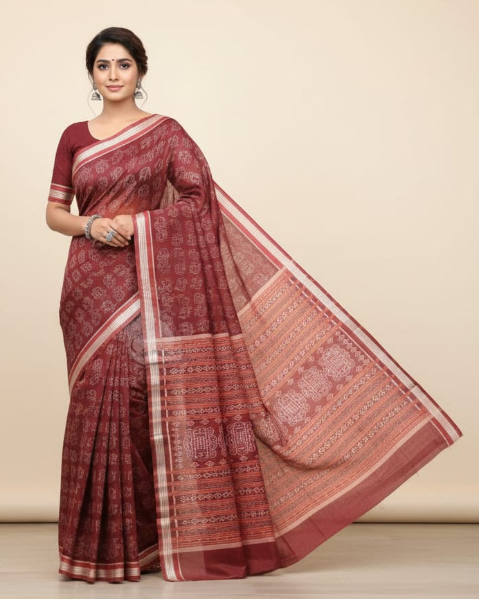 Maroon Dual Elephant Odisha Handloom Sambalpuri Cotton Saree