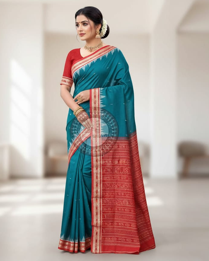 Teal Blue Maroon Buti Handloom Sambalpuri Cotton Saree