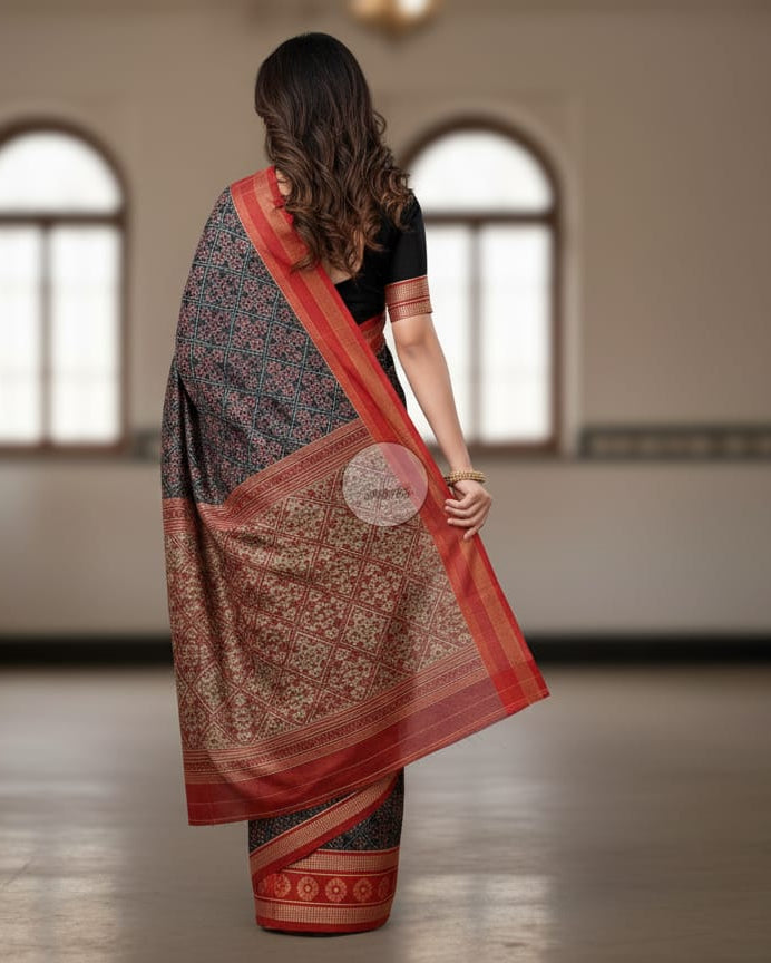 Black Red Flower Design Odisha Handloom Sambalpuri Cotton Saree