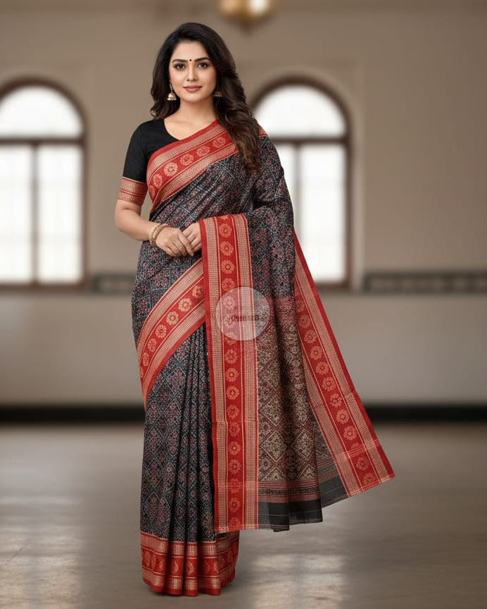 Black Red Flower Design Odisha Handloom Sambalpuri Cotton Saree