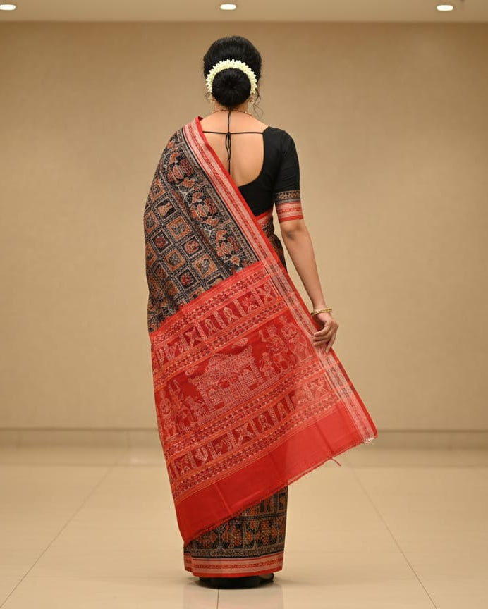 Black Red Scot Elephant And Kalashi Design Odisha Handloom Sambalpuri Cotton Saree