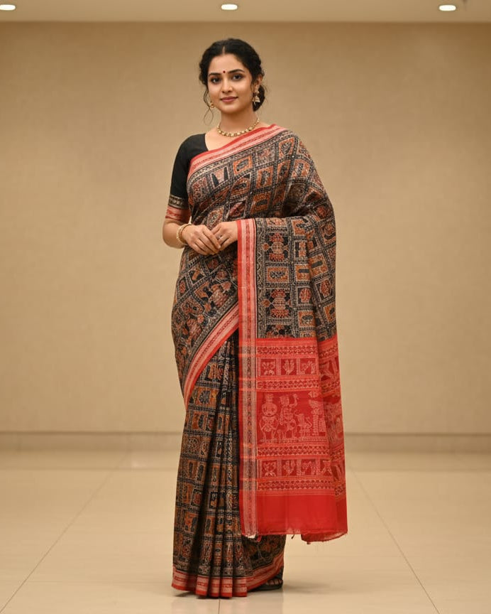 Black Red Scot Elephant And Kalashi Design Odisha Handloom Sambalpuri Cotton Saree