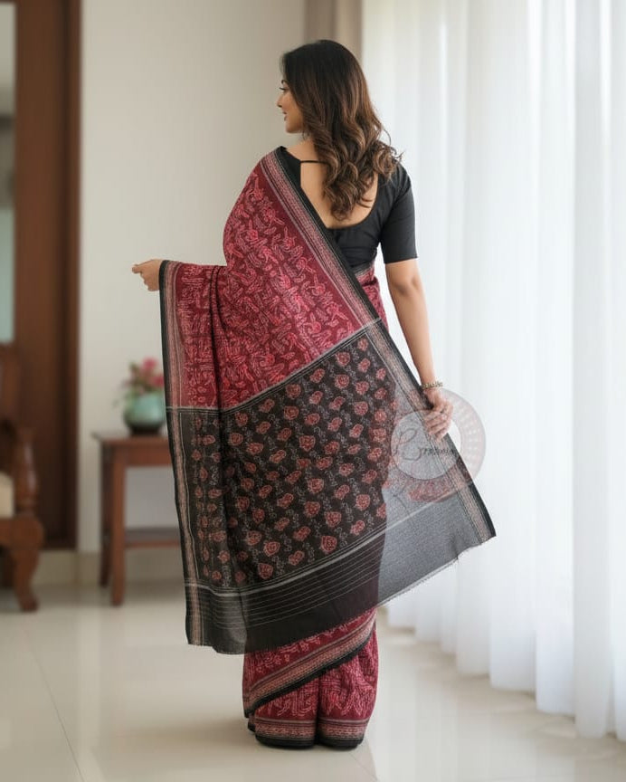 Maroon Black Birds Design Odisha Handloom Sambalpuri Cotton Saree