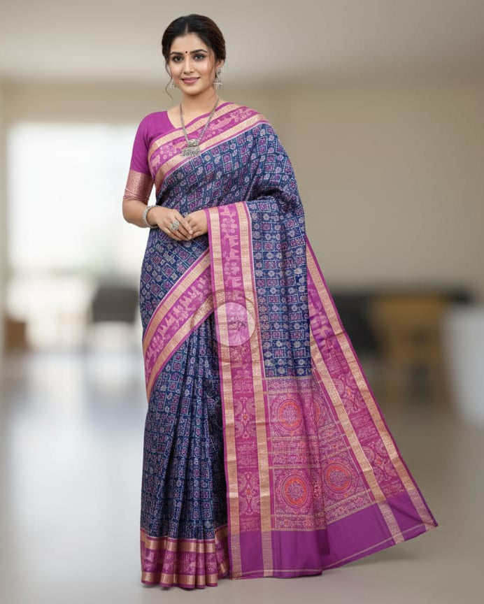 Blue Purple Scot Deer design Odisha Handloom Sambalpuri Cotton Saree