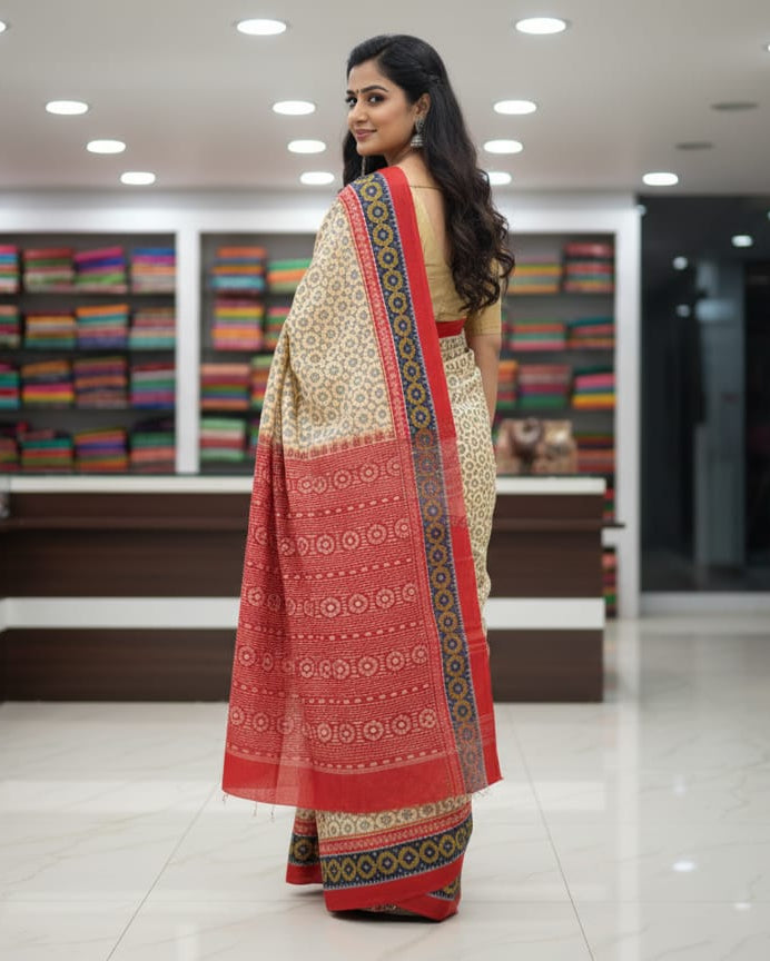 Peach Red Flower Design Odisha Handloom Sambalpuri Cotton Saree