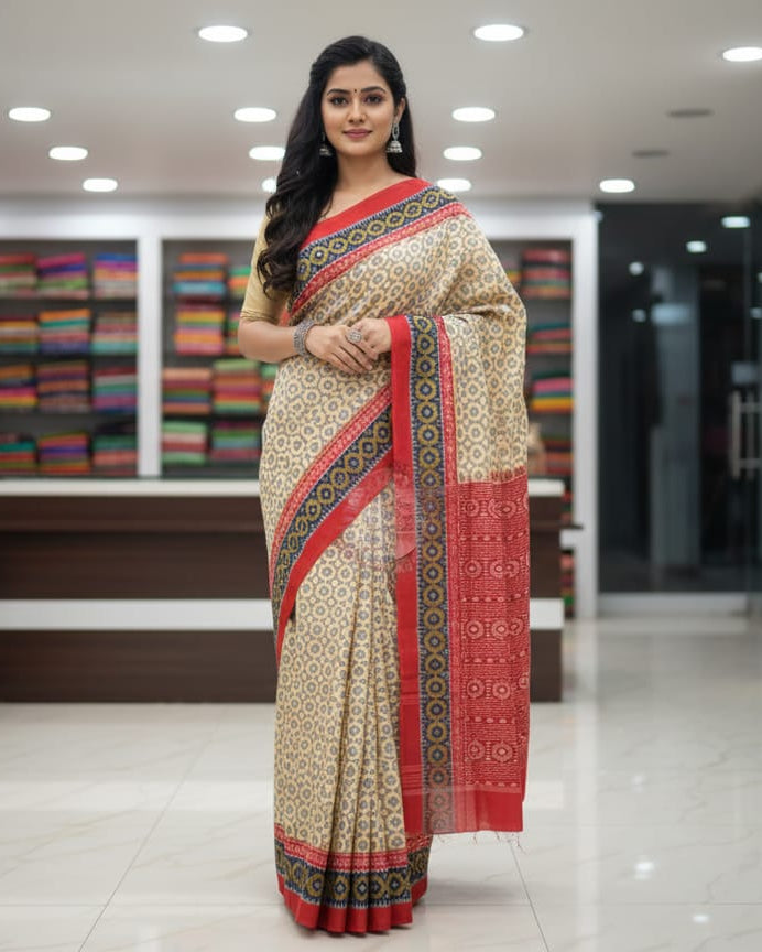 Peach Red Flower Design Odisha Handloom Sambalpuri Cotton Saree