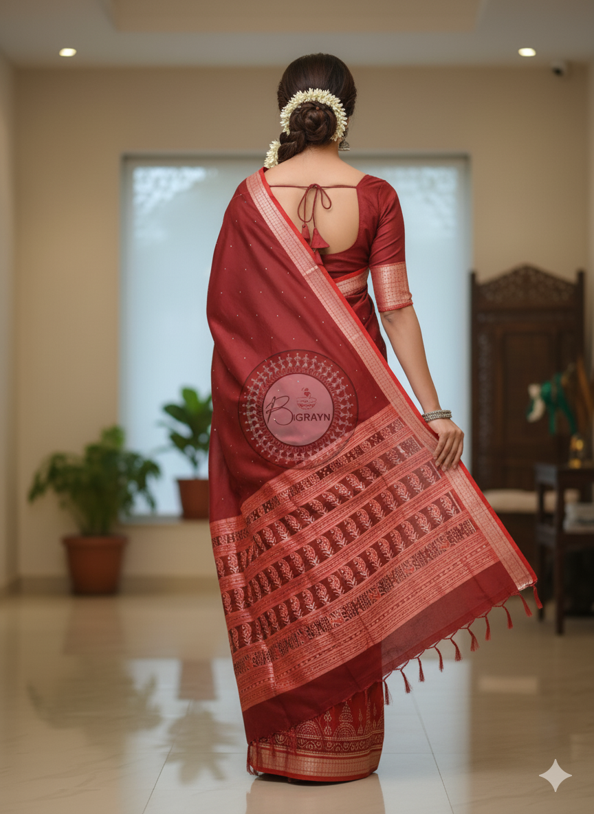 Maroon Red Scot Chita Design Sambalpuri Silk Saree