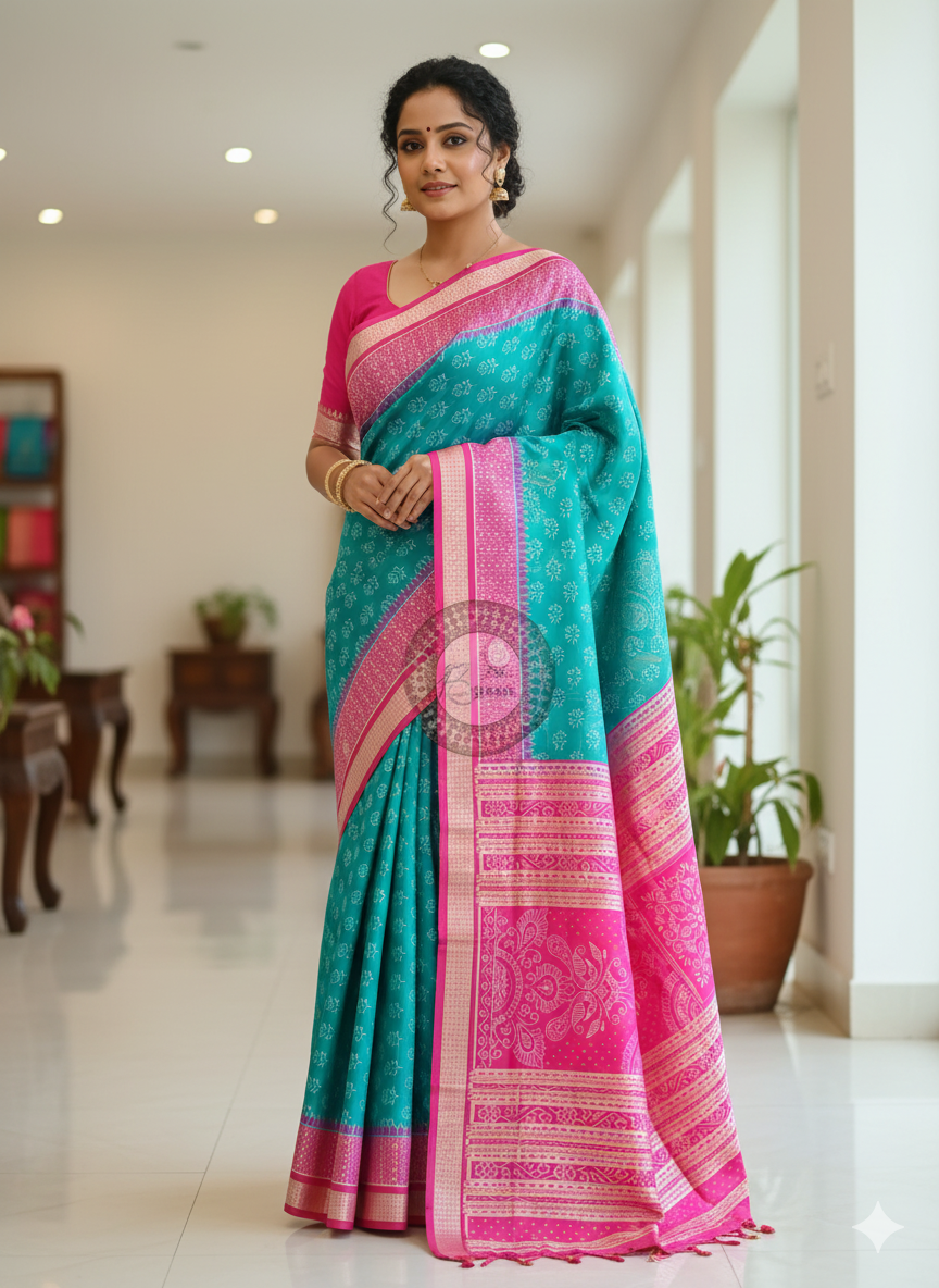 Sea Green Magenta Flower Ek Chandia Sambalpuri Silk Saree