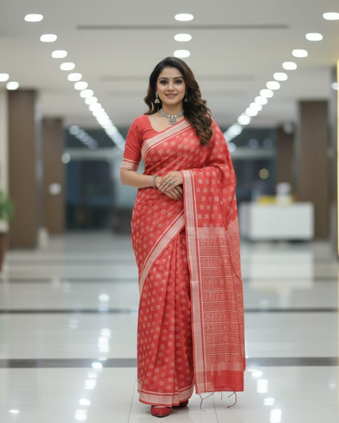 Maroon Leaf Design Natural Dye Sambalpuri Silk Saree