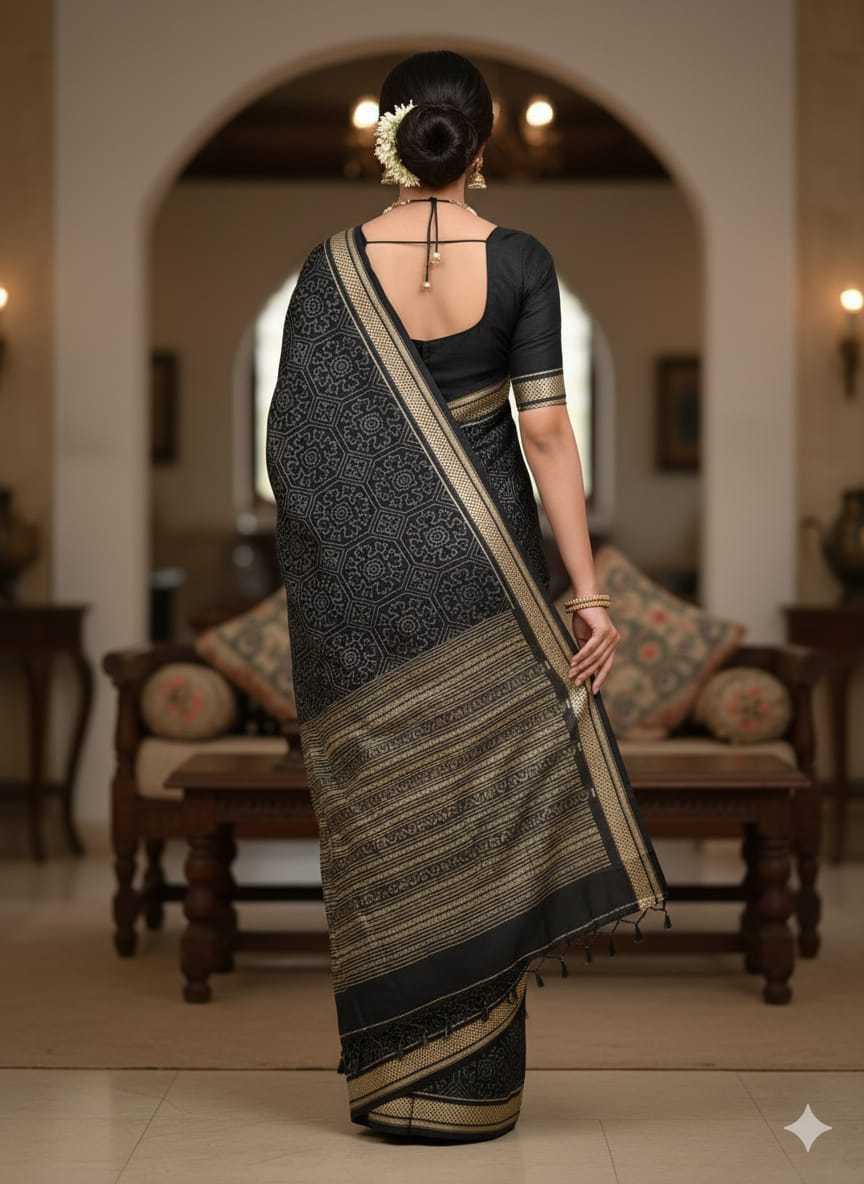 Black Laxmi Yantra Natural Dye Silk Saree