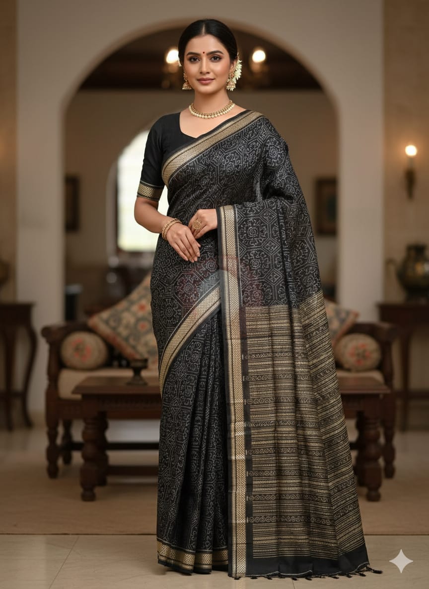 Black Laxmi Yantra Natural Dye Silk Saree