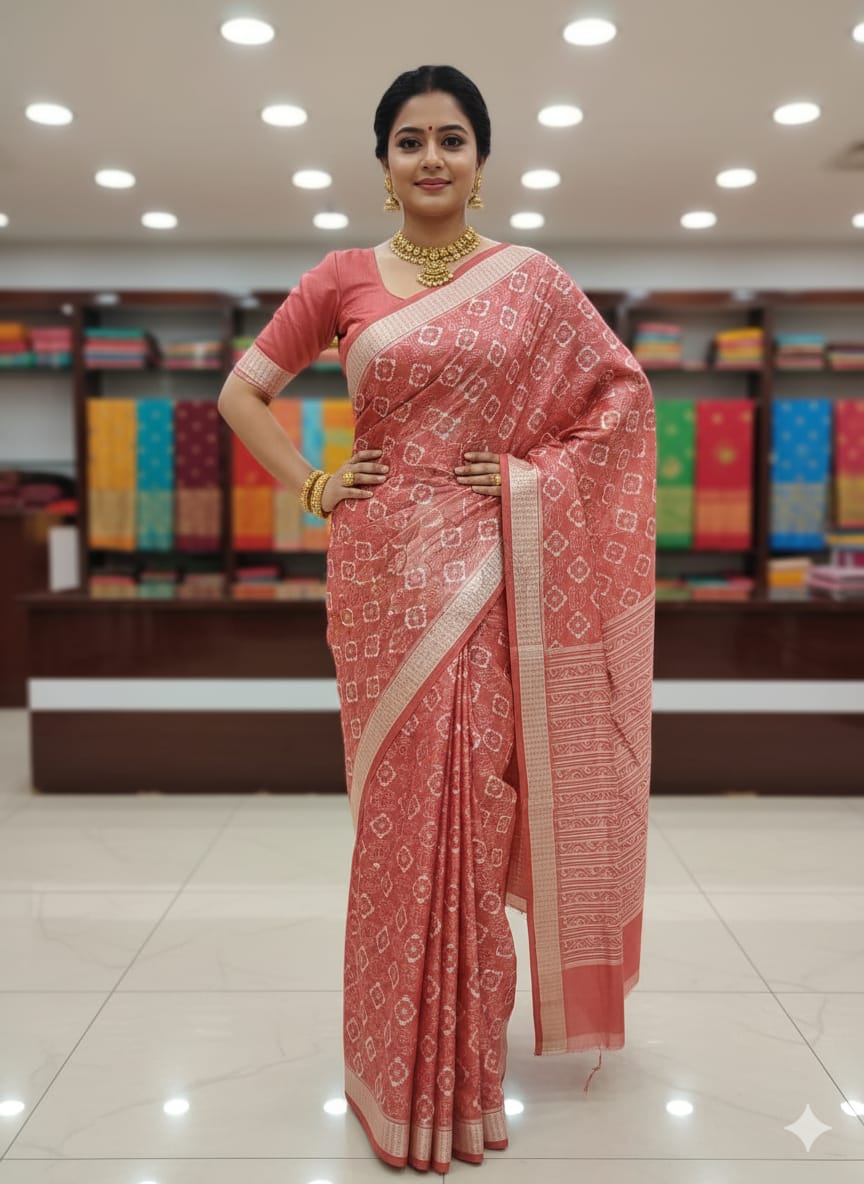 Peach Pink Birds Design Natural Dye Sambalpuri Silk Saree