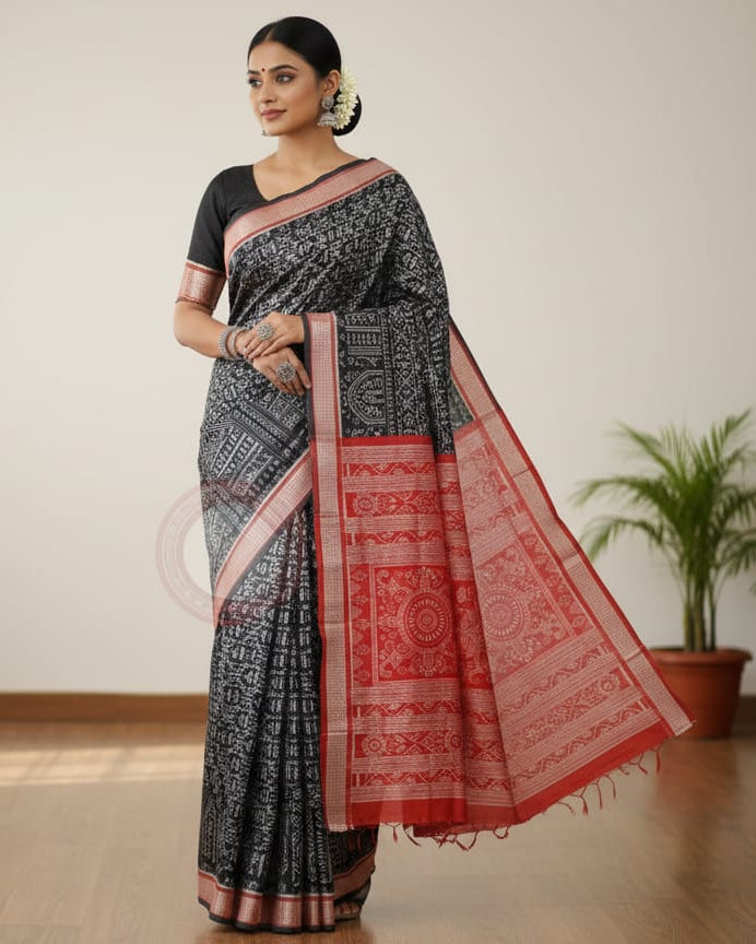 Black Red Tribal House Sambalpuri Silk Saree