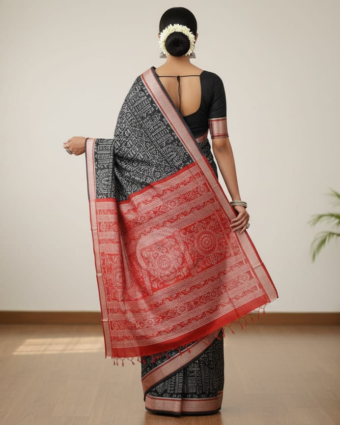 Black Red Tribal House Sambalpuri Silk Saree
