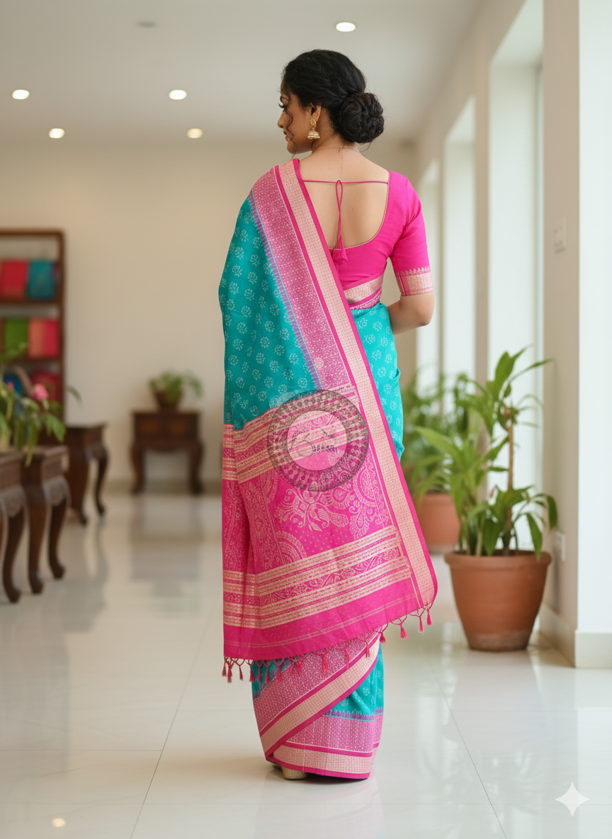 Sea Green Magenta Flower Ek Chandia Sambalpuri Silk Saree