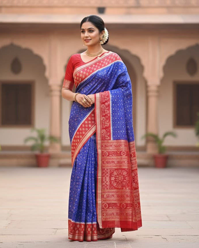Blue Red Scot Pasapali Odisha Handloom Sambalpuri Silk Saree