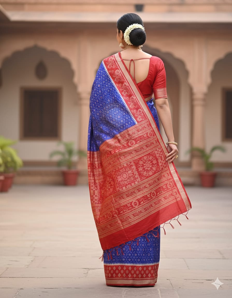 Blue Red Scot Pasapali Odisha Handloom Sambalpuri Silk Saree
