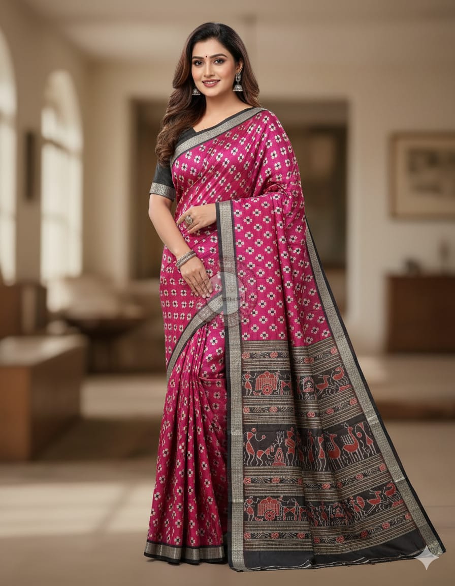 Pink Black Pasapali Sambalpuri Silk Saree