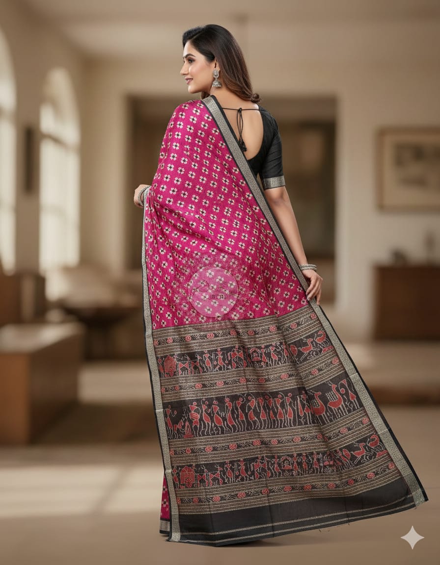 Pink Black Pasapali Sambalpuri Silk Saree