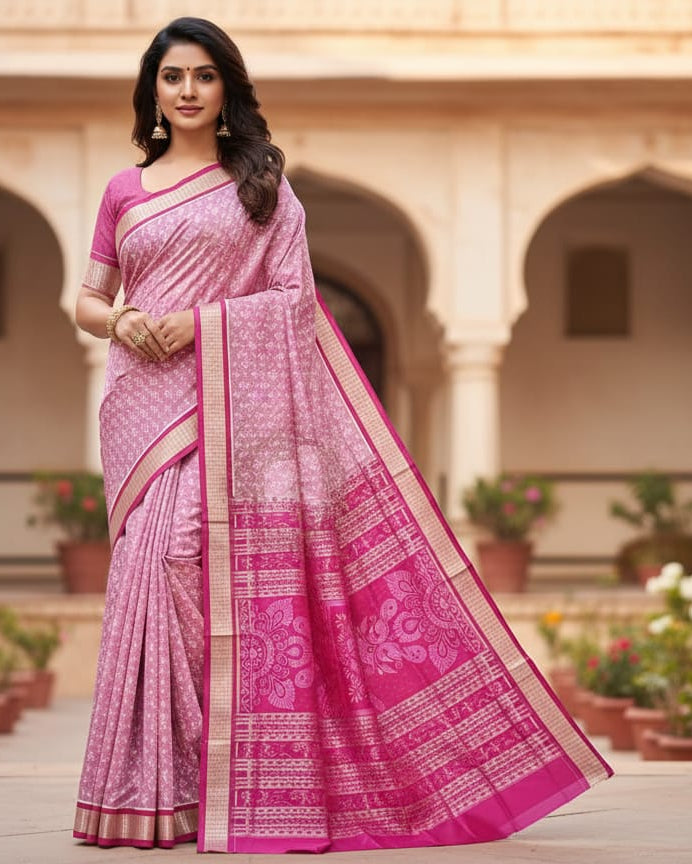 Peach Magenta Leaf Design Odisha Handloom Sambalpuri Silk Saree