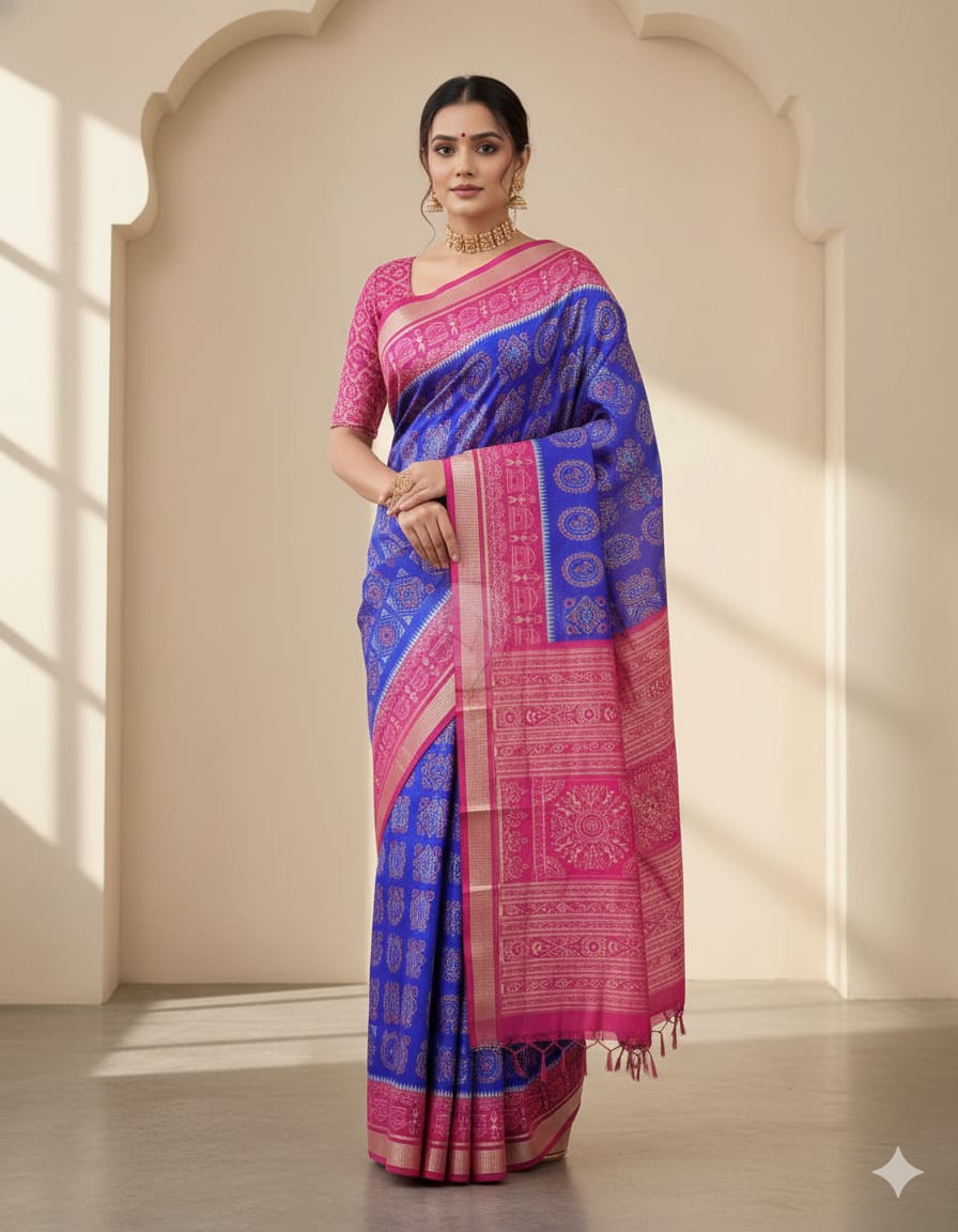 Blue Magenta Laxmi Yantra Odisha Handloom Sambalpuri Silk Saree