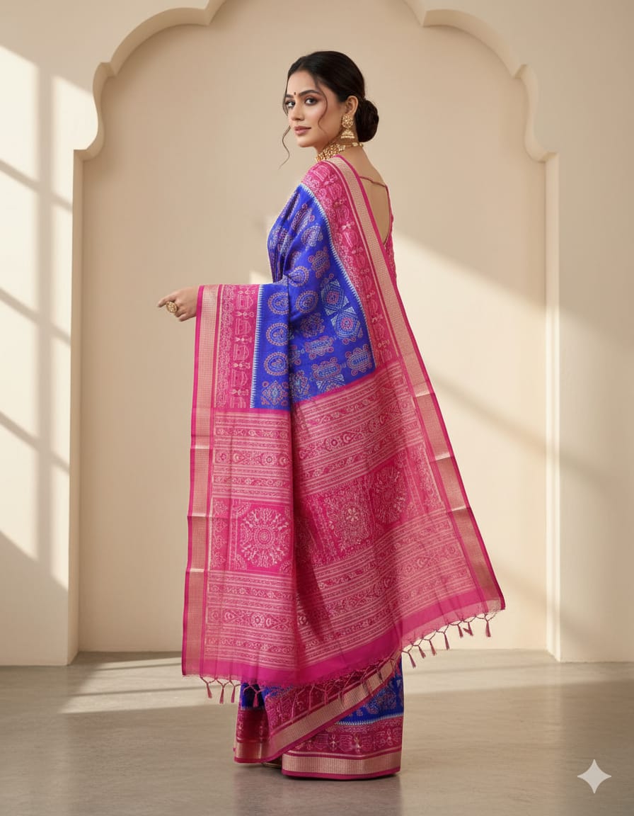 Blue Magenta Laxmi Yantra Odisha Handloom Sambalpuri Silk Saree