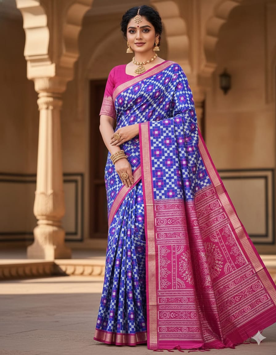 Blue Pink Pasapali Sambalpuri Silk Saree