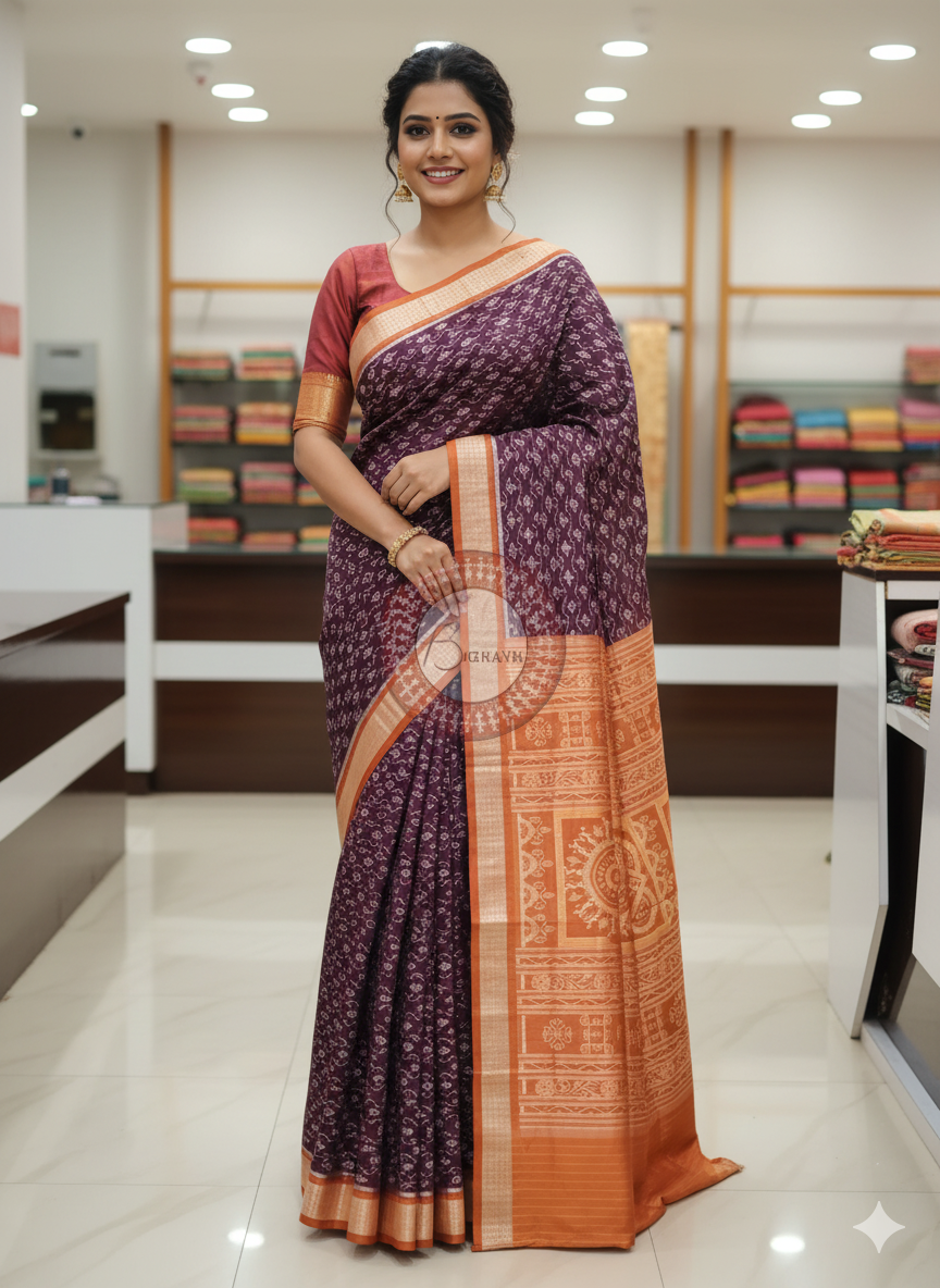 Coffee Rust Leaf Design Sambalpuri Silk Saree