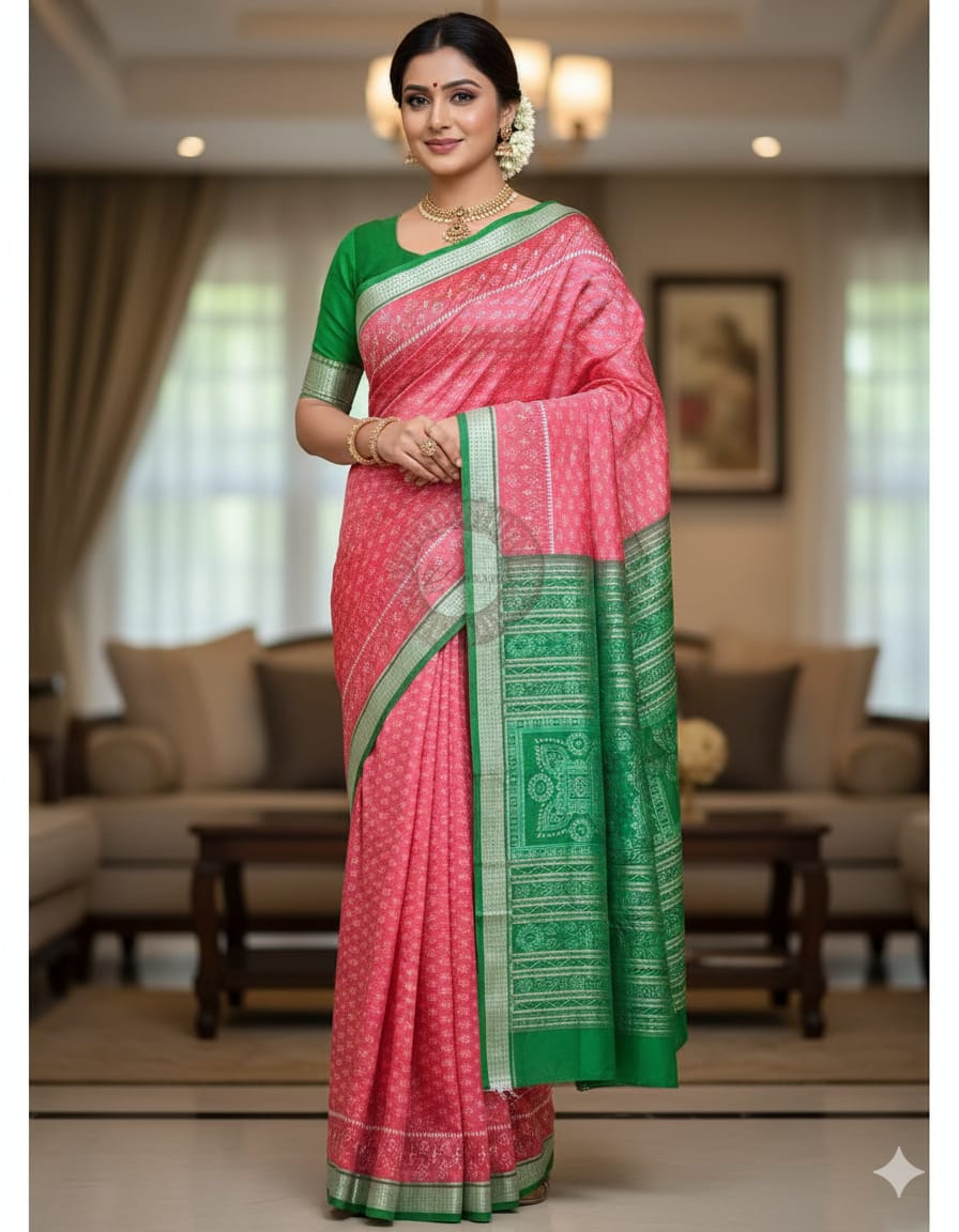 Peach Pink Green Ikat Design Odisha Handloom Sambalpuri Silk Saree