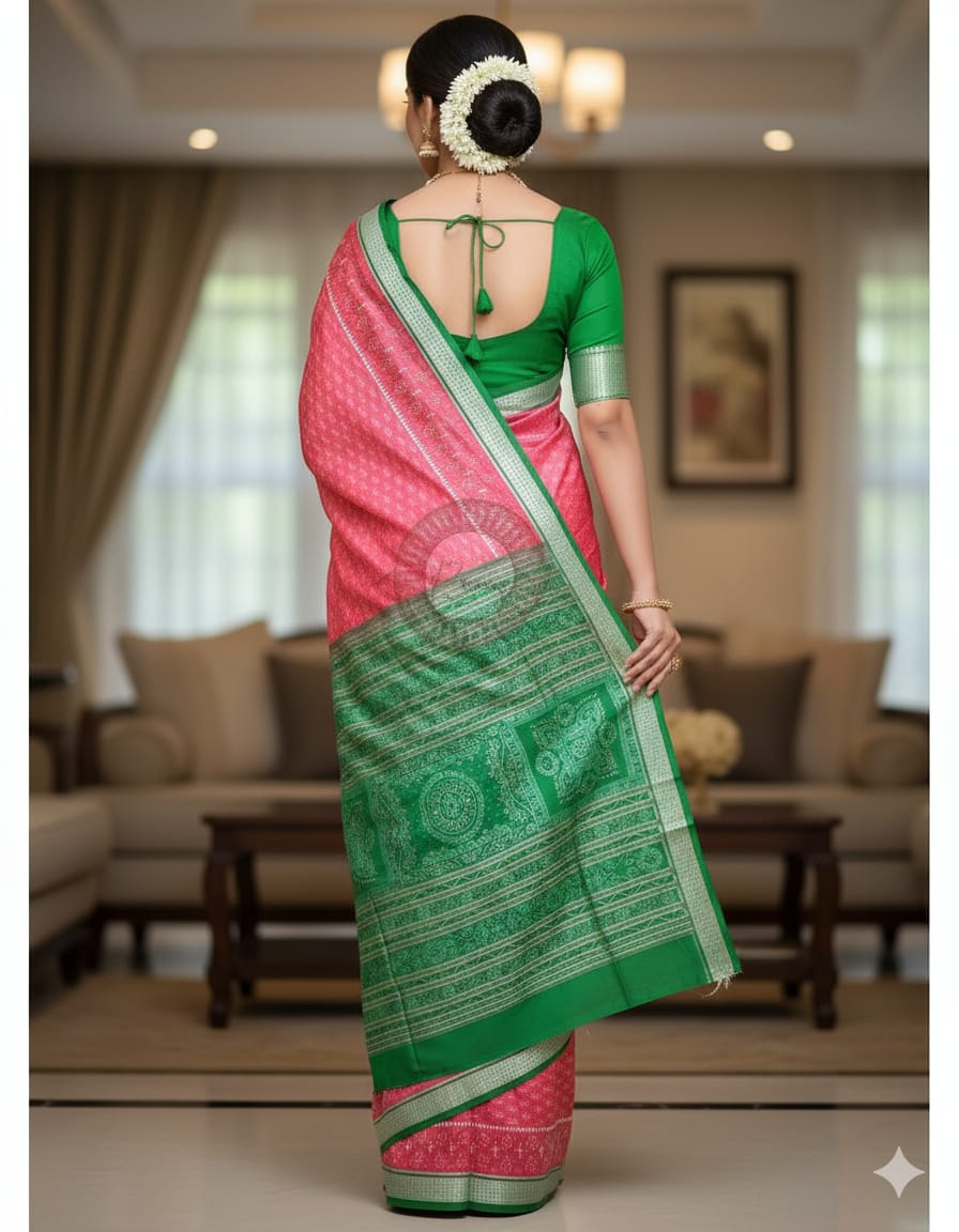 Peach Pink Green Ikat Design Odisha Handloom Sambalpuri Silk Saree