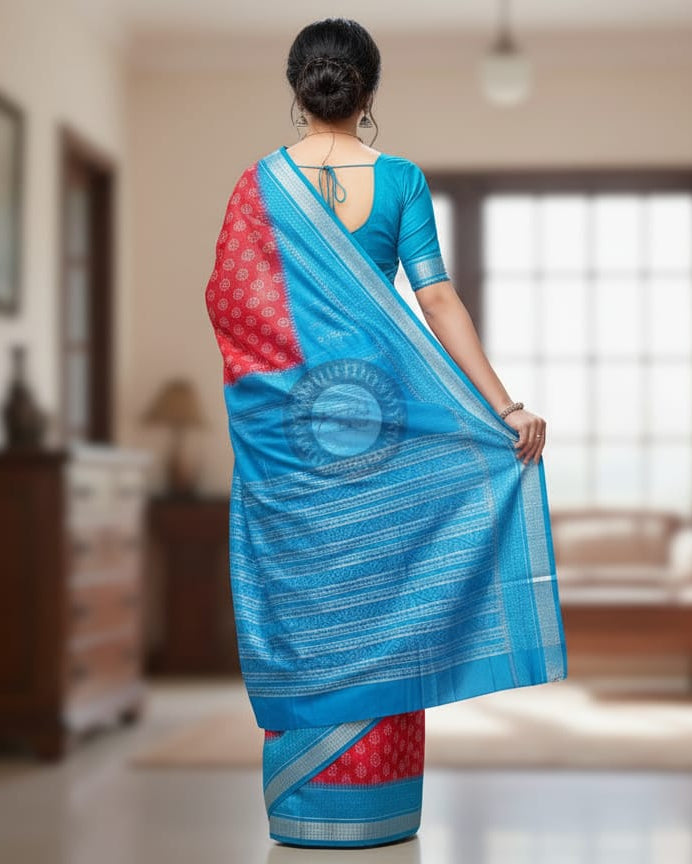Red Coppeer Sulphate Flower Design Odisha Handloom Sambalpuri Silk Saree