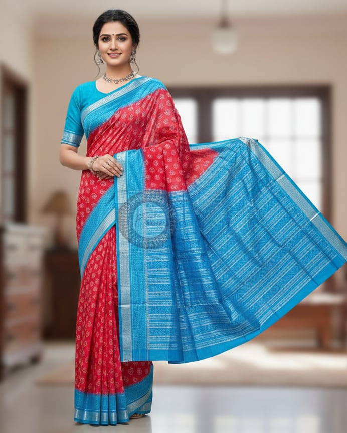 Red Coppeer Sulphate Flower Design Odisha Handloom Sambalpuri Silk Saree