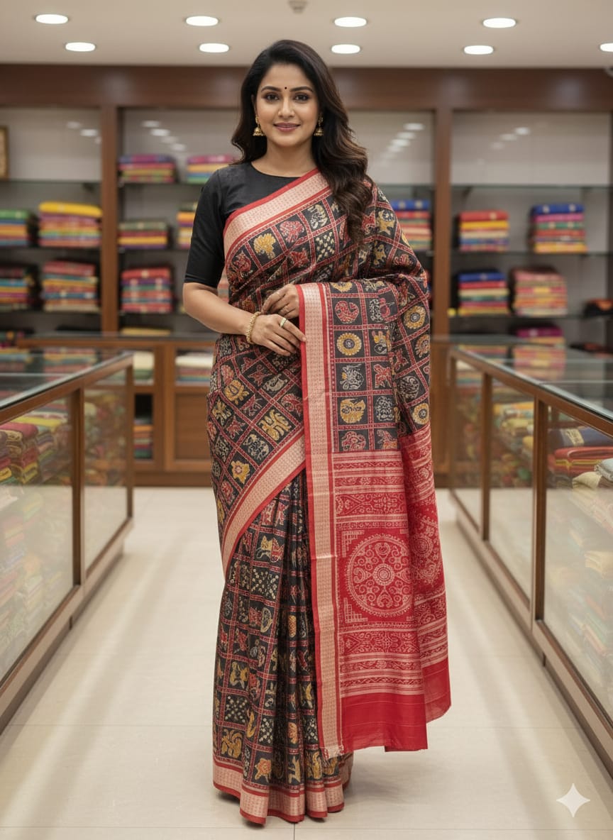 Black Red Nabakothi Odisha Handloom Sambalpuri Silk Saree