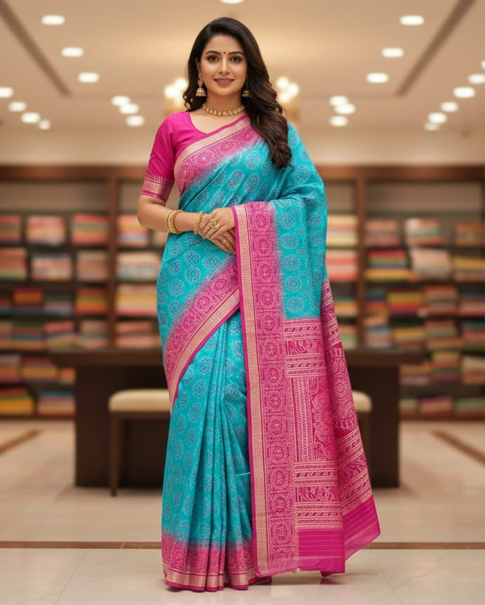 Sea Green Magenta Tribal And Laxmi Pada Odisha Handloom Sambalpuri Silk Saree