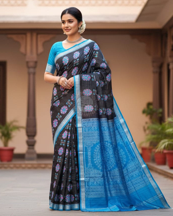 Black Copper Sulphate Bagambari Flower Design Odisha Handloom Sambalpuri Silk Saree