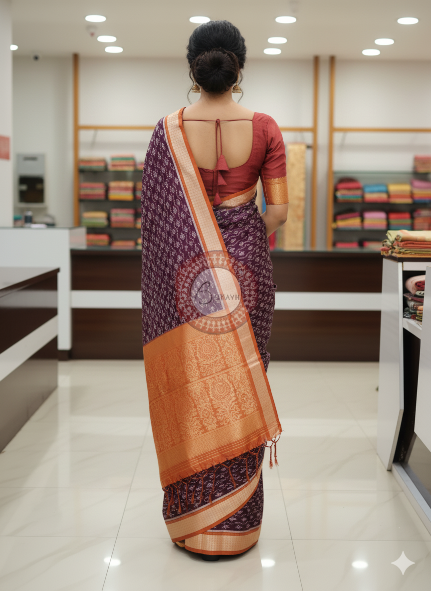 Coffee Rust Leaf Design Sambalpuri Silk Saree