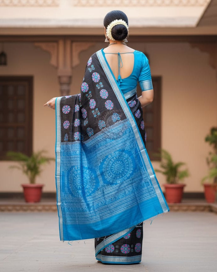 Black Copper Sulphate Bagambari Flower Design Odisha Handloom Sambalpuri Silk Saree