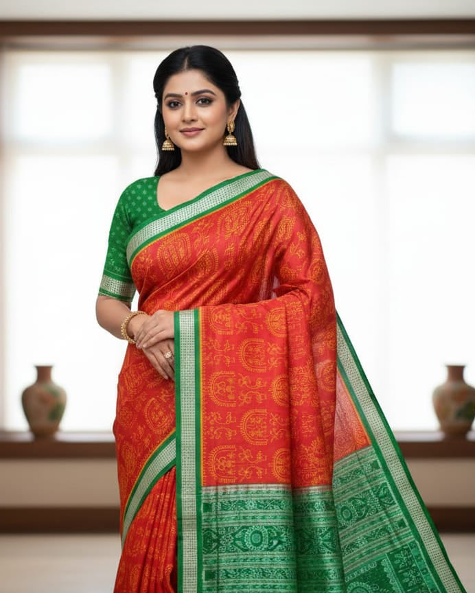 Red Green Tribal And Tree Odisha Handloom Sambalpuri Silk Saree