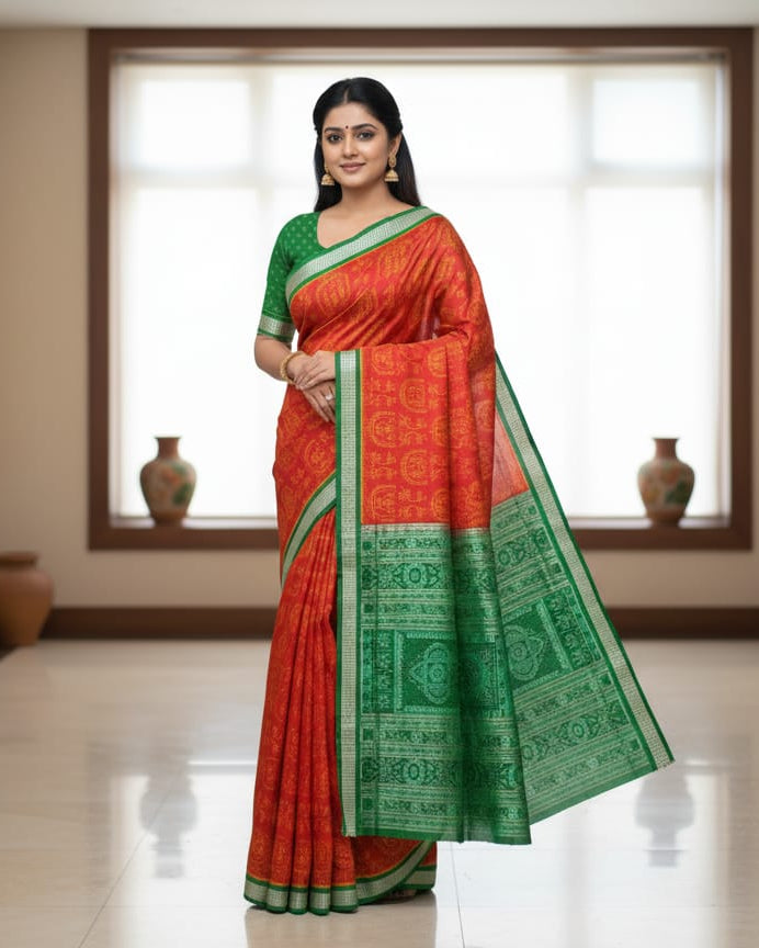 Red Green Tribal And Tree Odisha Handloom Sambalpuri Silk Saree