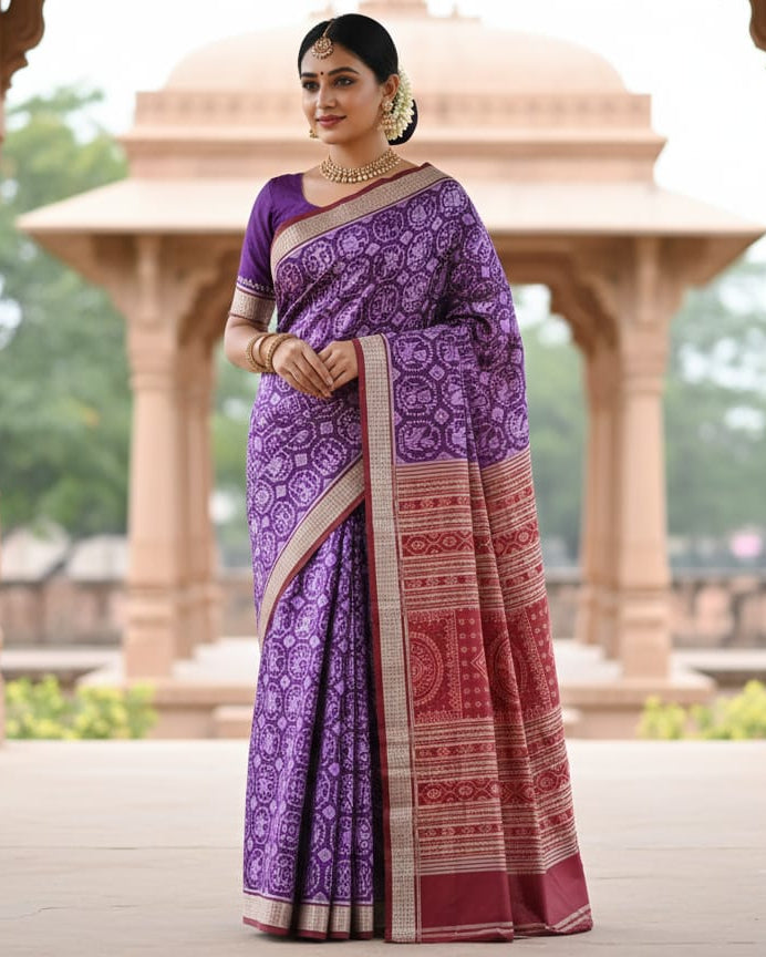 Purple Maroon Kalasha And Banana Tree With Animal Odisha Handloom Sambalpuri Silk Saree