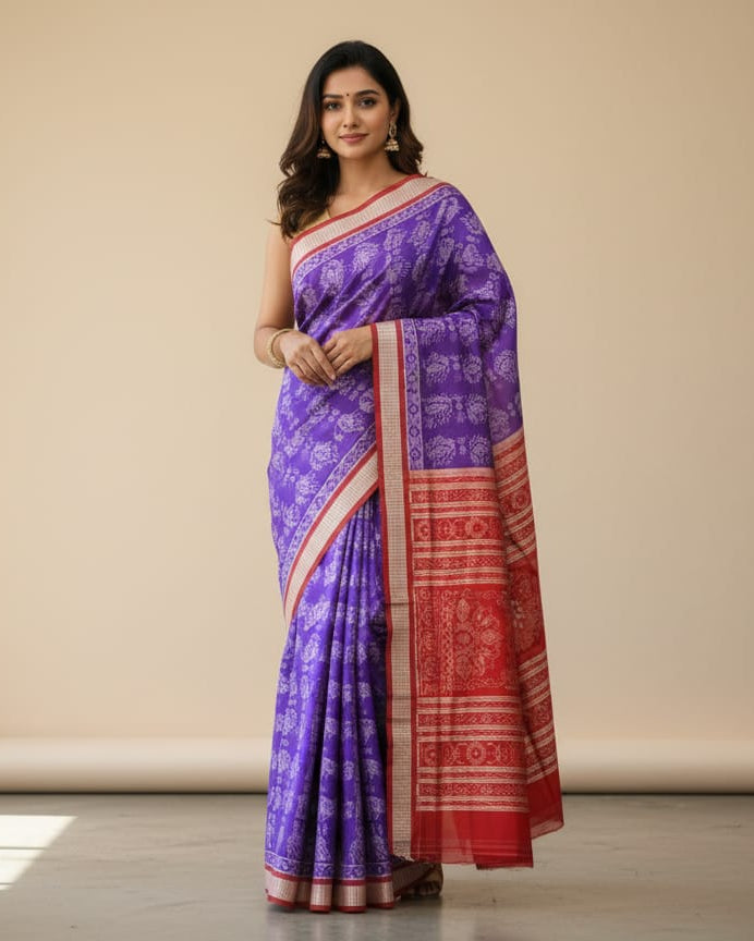 Purple Maroon Peacock And Dancer Odisha Handloom Sambalpuri Silk Saree
