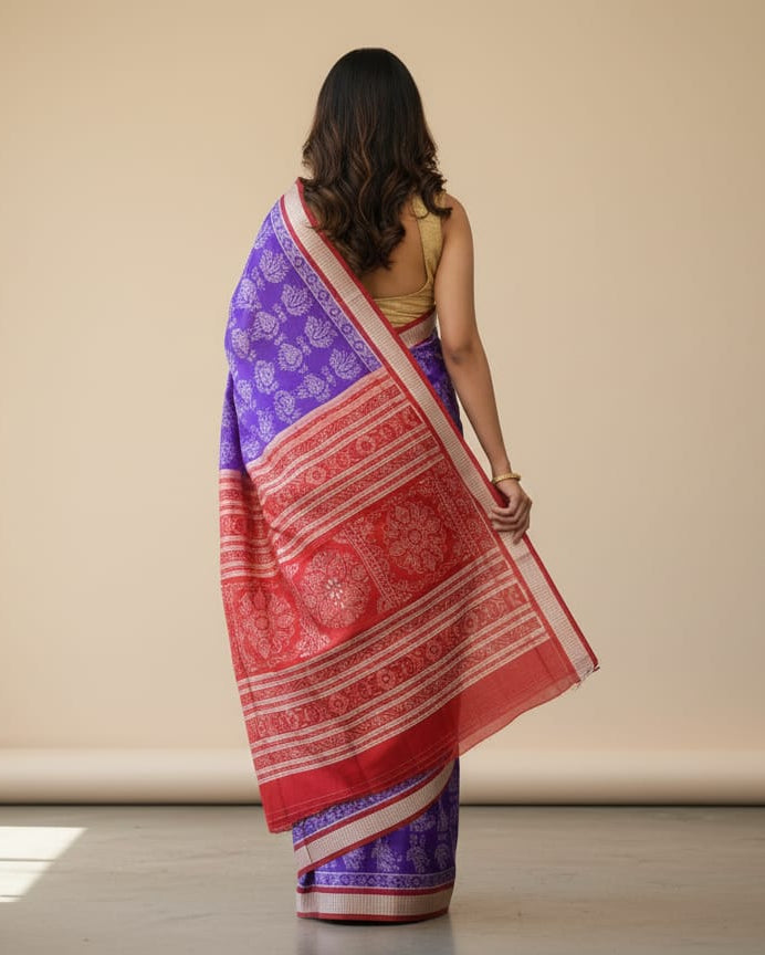 Purple Maroon Peacock And Dancer Odisha Handloom Sambalpuri Silk Saree
